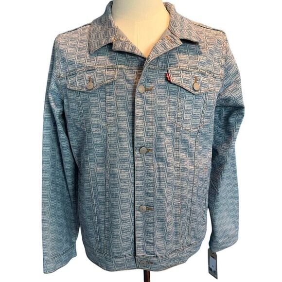 NWT LEVI'S All Over LOGO Denim Jean Jacket Trucker Cotton Blend Kids XL Unisex - Picture 1 of 8